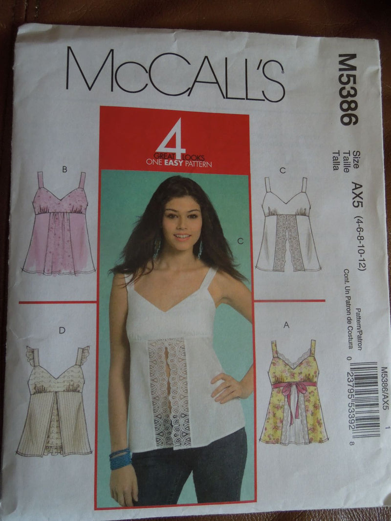 McCalls M5386,  Misses, Tops, Sizes 4 to 12, Sale, sewing pattern