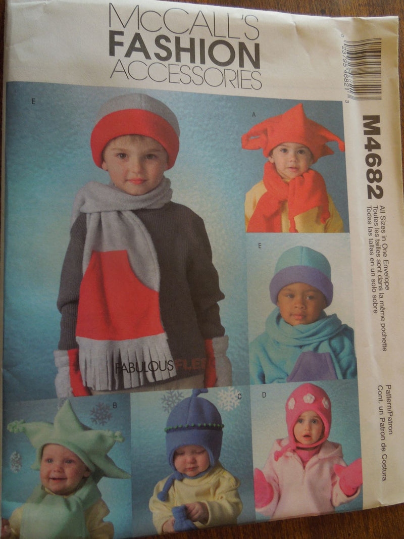 McCalls M4682, Uncut Sewing Pattern, Infants, Childrens, hats, caps, mittens, scarves