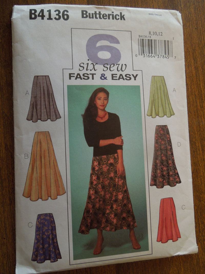 Butterick B4136, Misses, Skirts, Sz Varies,  sewing pattern,