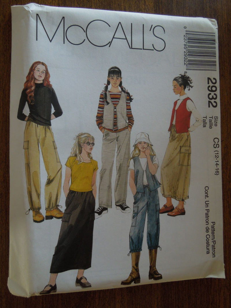 McCalls 2932, Girls Vests, Skirts, Pants, Uncut Sewing Pattern