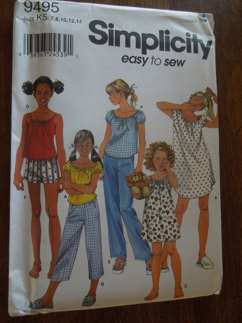 Simplicity 9495, Girls, Sleepwear, Pajamas, Uncut Sewing Pattern, sizes 7 to 14