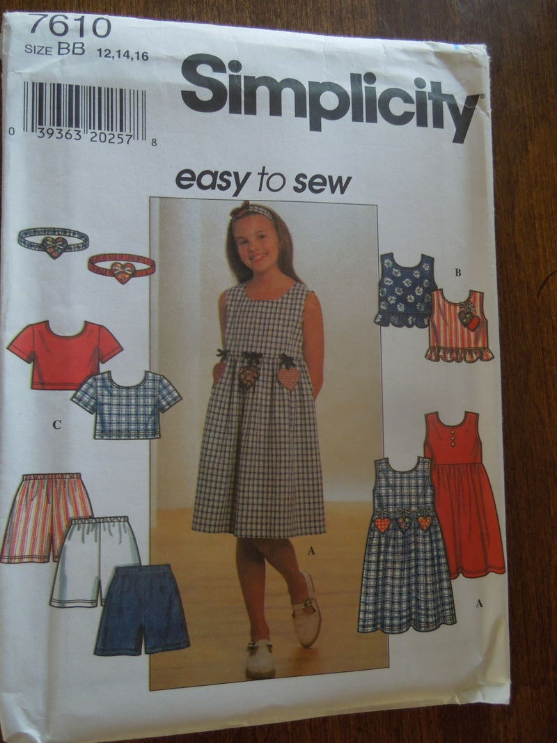 Simplicity 7610, Girls Dresses, Tops, Shorts,  Uncut Sewing Pattern,