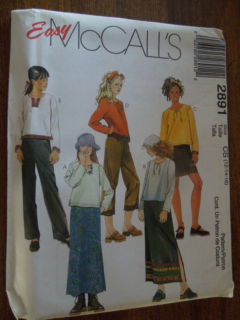 McCalls 2891, Girls, Separates, Uncut Sewing Pattern, sizes 12 to 16
