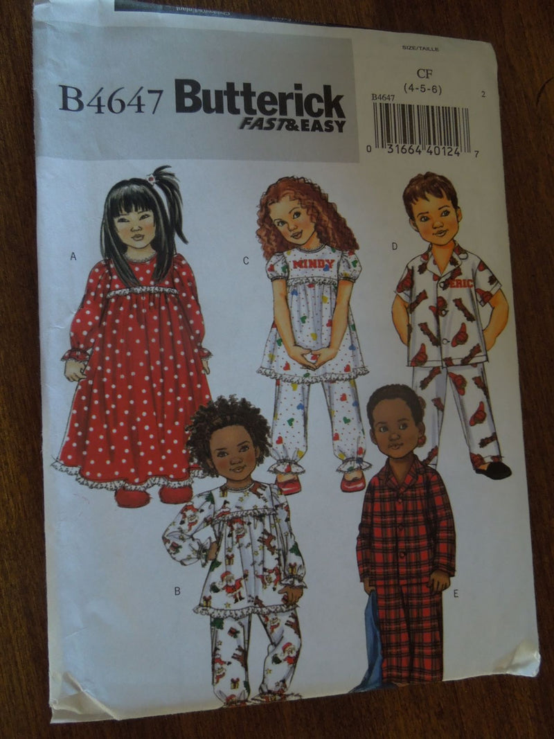 Butterick B4647, Childrens, Sleepwear, Pajamas, UNCUT sewing pattern,
