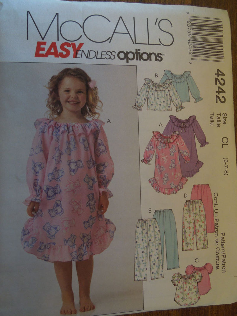 McCalls 4242, girls, pajamas, sleepwear, Uncut Sewing Pattern, sizes vary