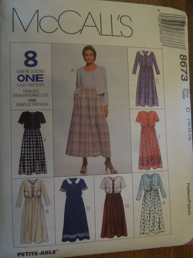 McCalls 8673, Misses, Dresses, Jackets, Uncut Sewing Pattern, Petite