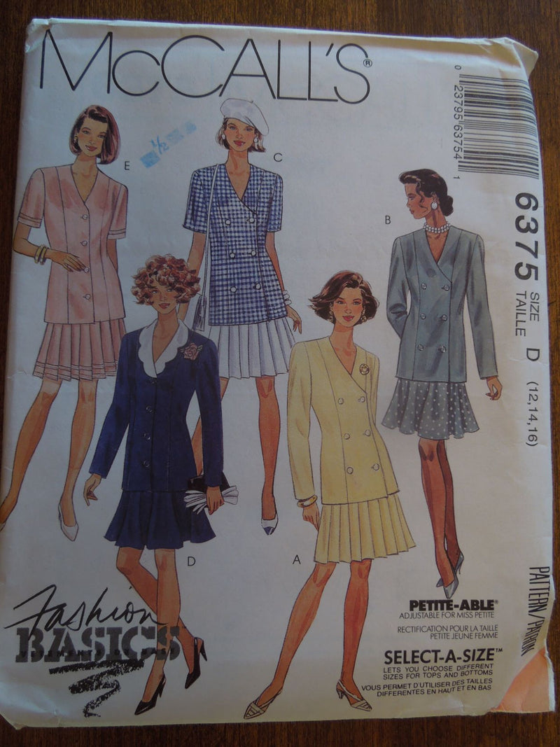 McCalls 6375,  Misses Skirts, Jackets, Sz Varies,  Uncut Sewing Pattern