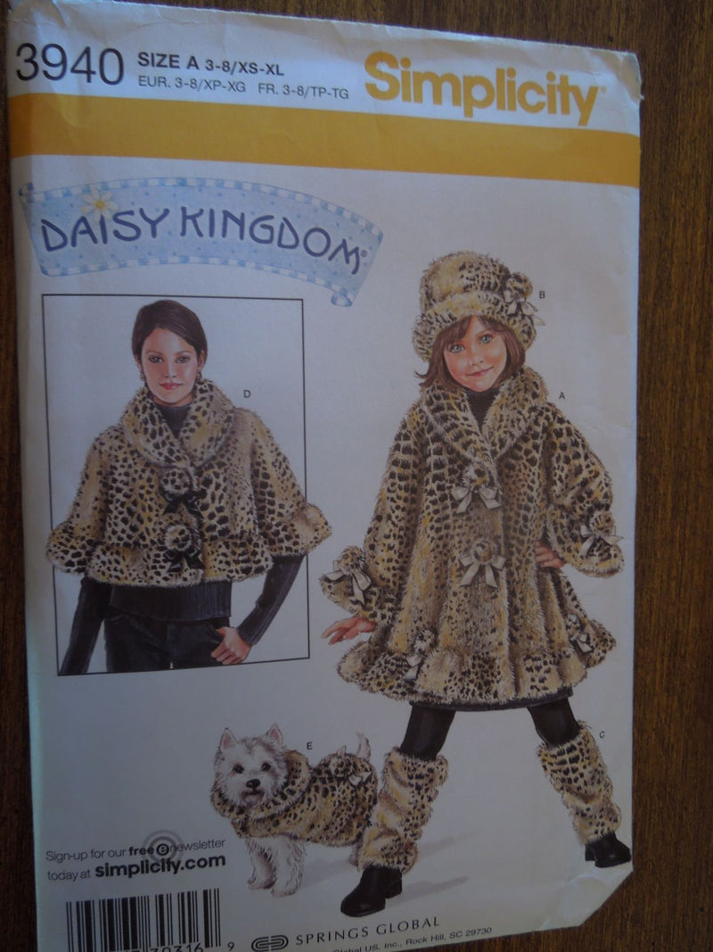 Simplicity 3940, Girls, Coats, Hats, Misses, Capes,  Uncut Sewing Pattern