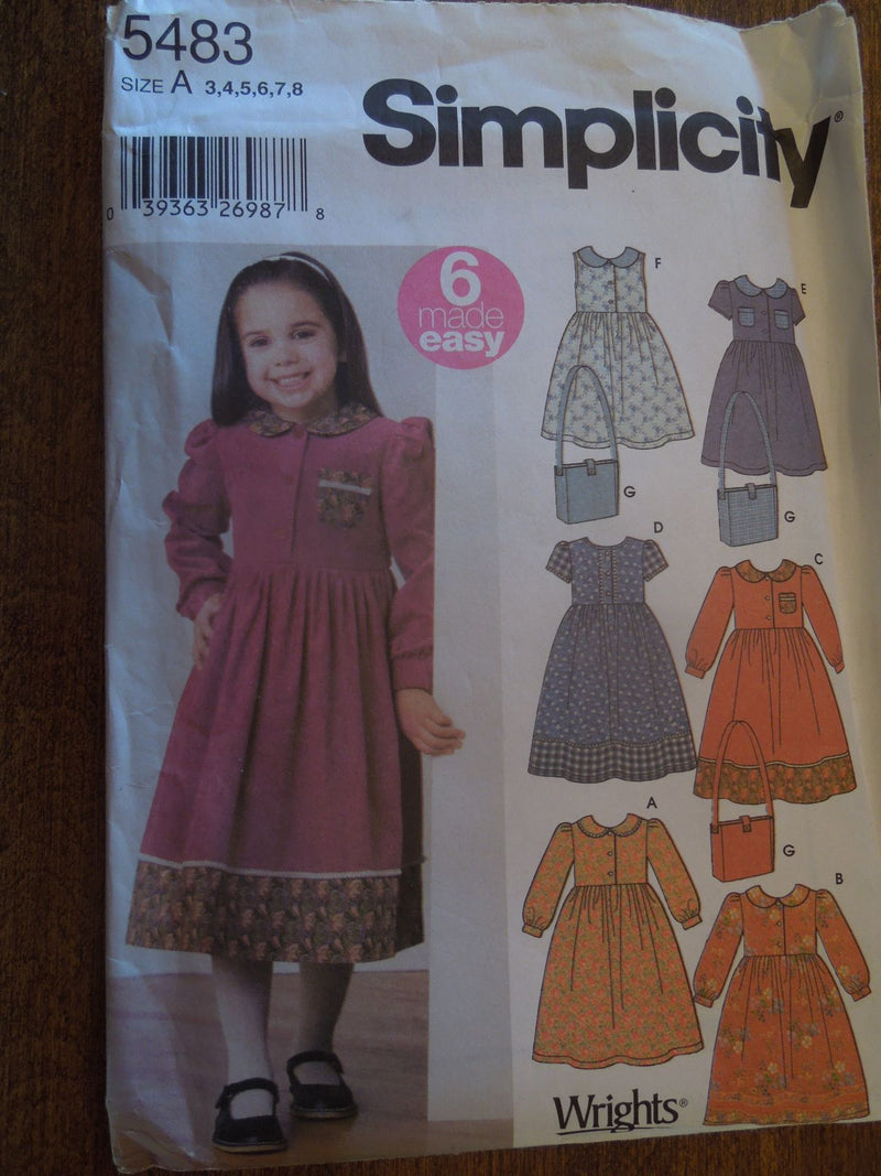 Simplicity 5483, Girls, Dresses, Bags, Sizes 3-8, UNCUT sewing pattern,