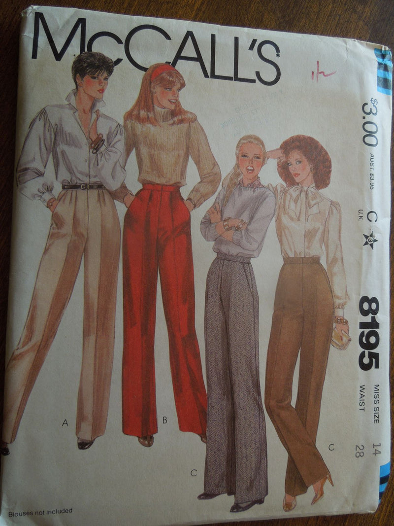 McCalls 8195, Misses, Pants, Size 14, Uncut Sewing Pattern