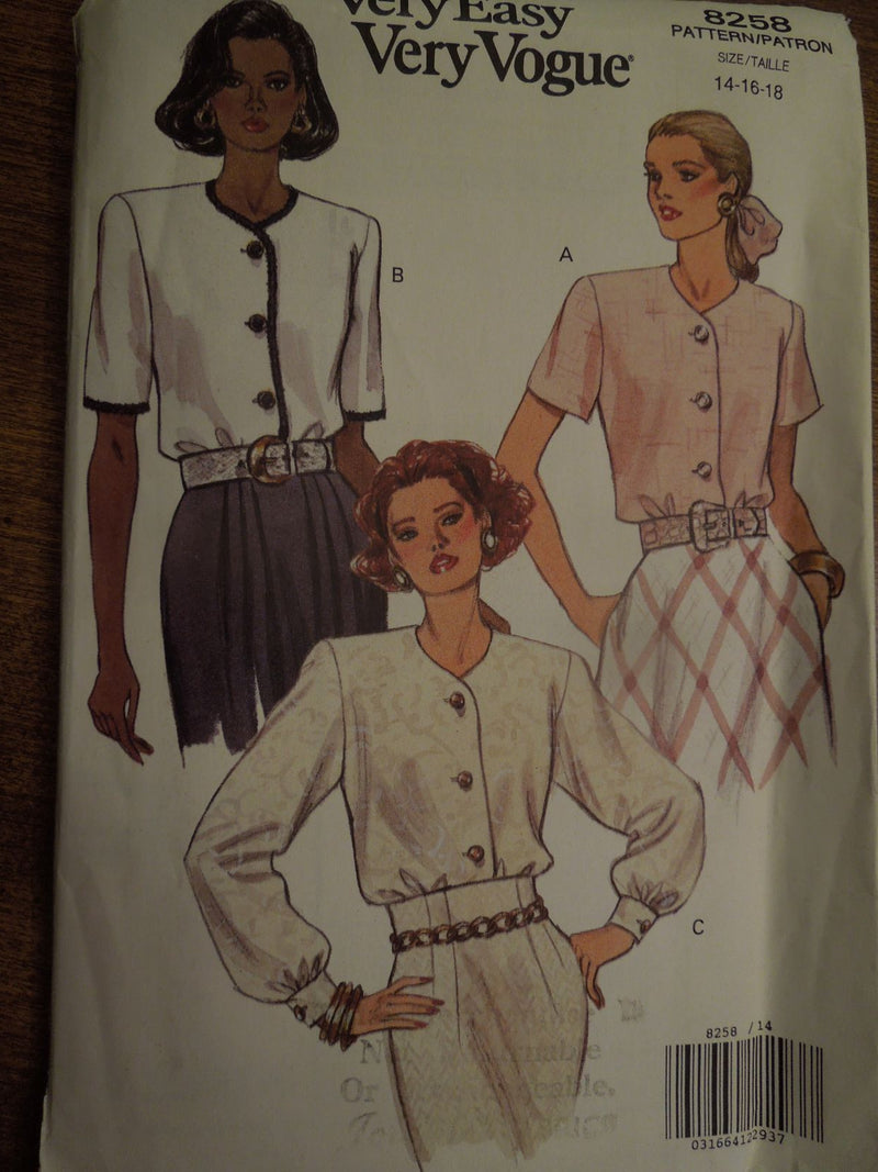 Vogue 8258, Misses Blouses, Sz Varies, Uncut Sewing Pattern