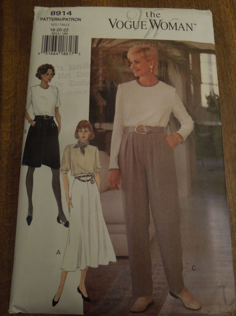 Vogue 8914, Misses Skirts, Shorts, Pants, Sz Varies, Uncut Sewing Pattern