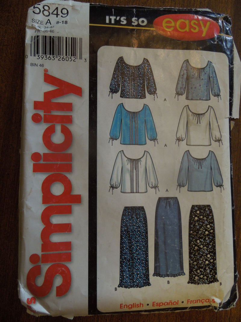Simplicity 5849, Misses, Tops, Skirts,  Uncut Sewing Pattern