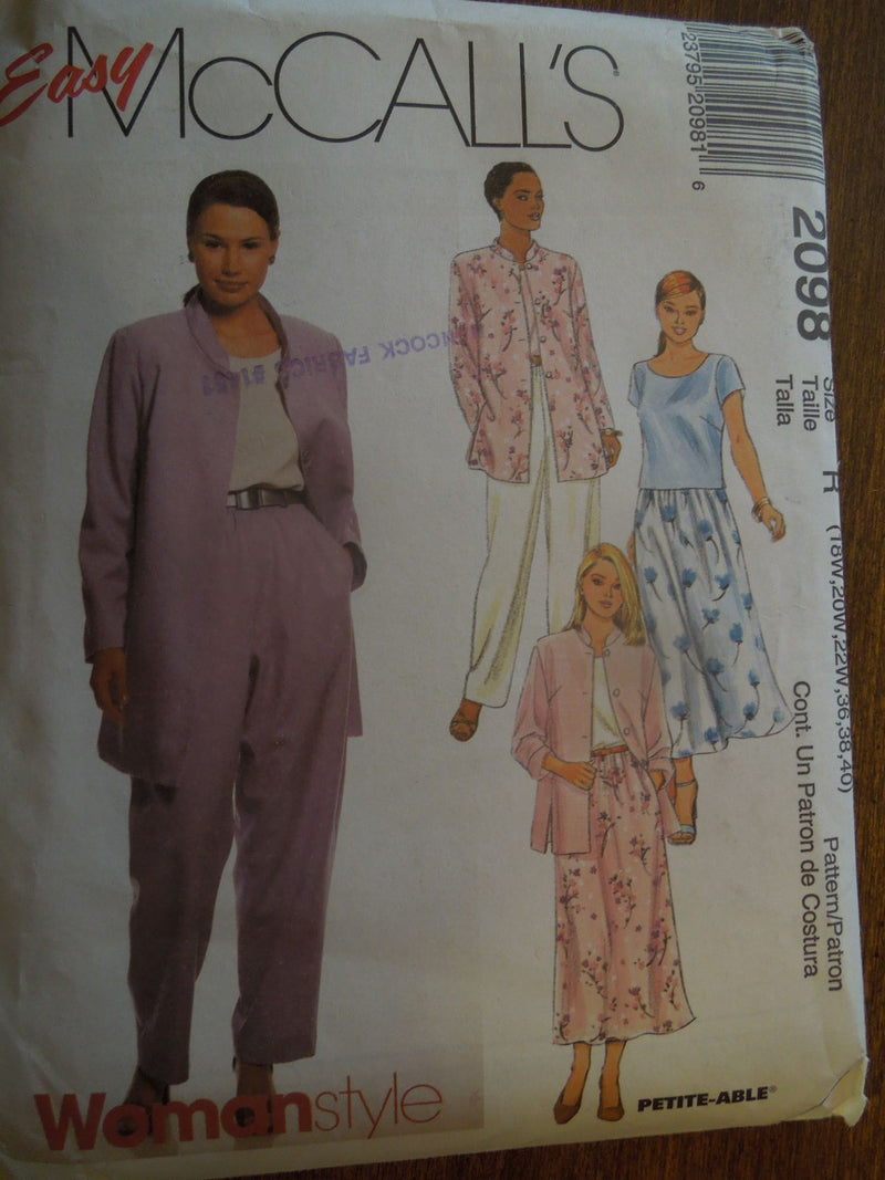 McCalls 2098, Womens, Separates, Petite, Plus Sizes, Uncut Sewing Pattern