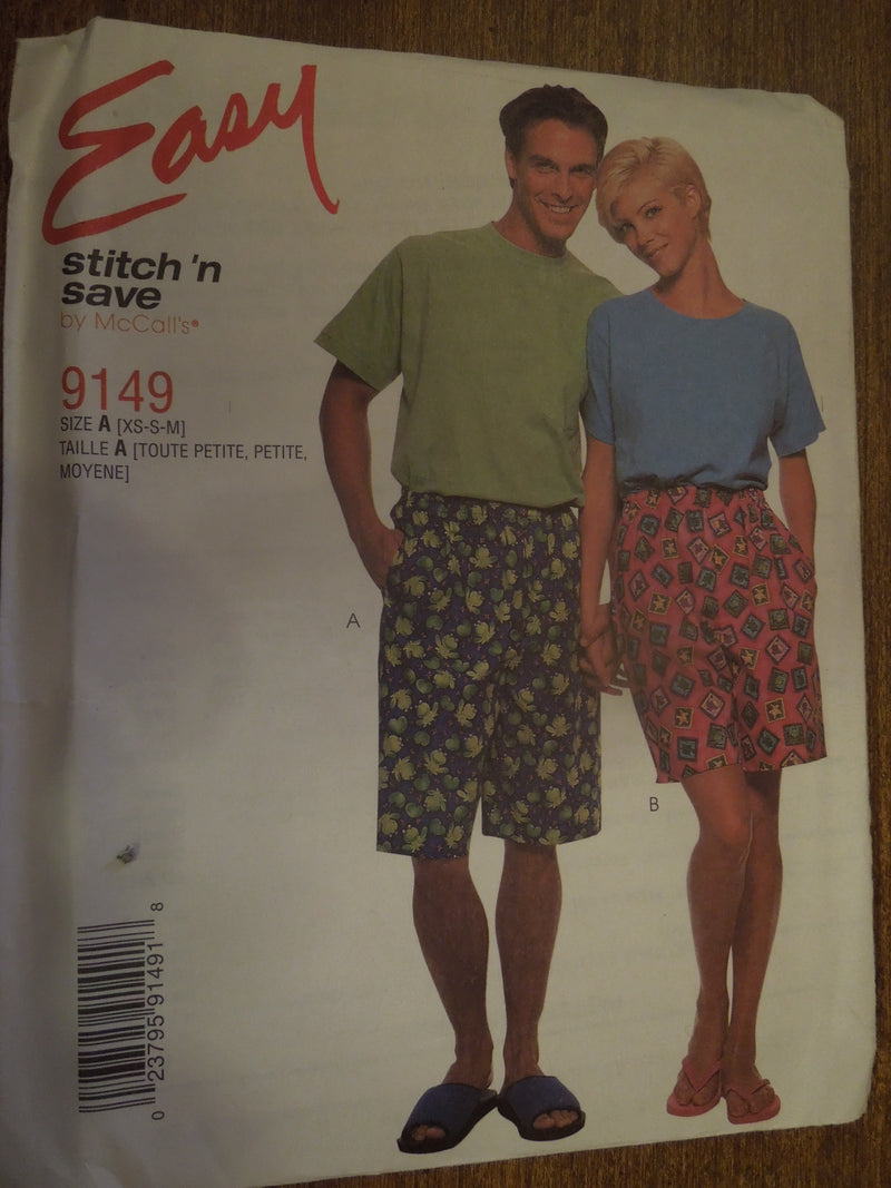 McCalls Stitch n Save 9149, Mens, Misses, Shorts, Uncut Sewing Pattern