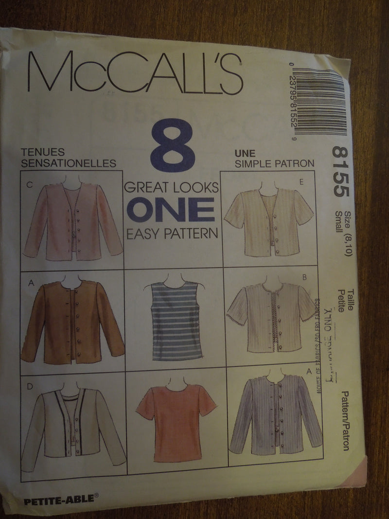 McCalls 8155, Misses, Tops, Jackets, Uncut Sewing Pattern