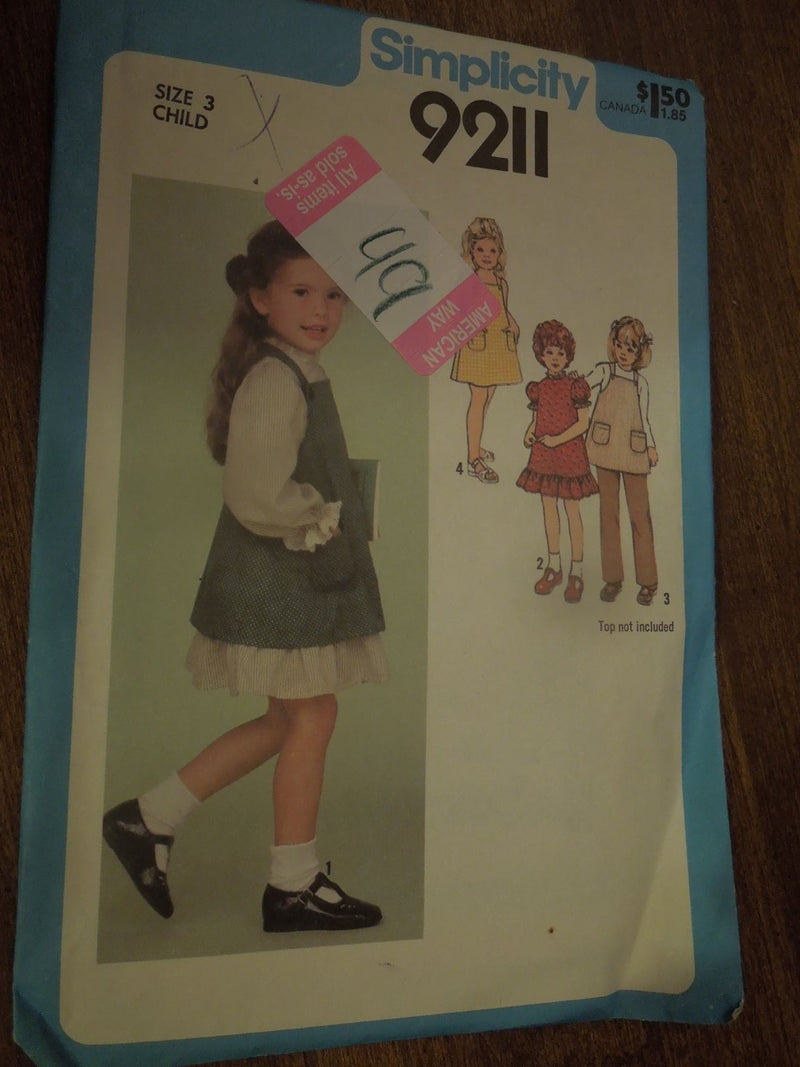 Simplicity 9211, childrens, dress, jumper, pants, Uncut Sewing Pattern