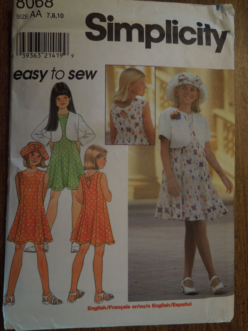 Simplicity 8068, girls, dress, jacket, hat, Uncut Sewing Pattern