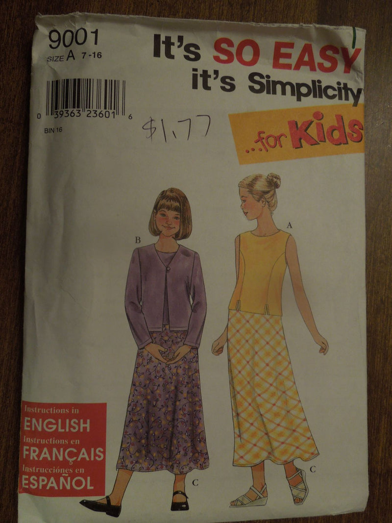 Simplicity 9001, Girls, Tops, Skirts, Jackets, Uncut Sewing Pattern