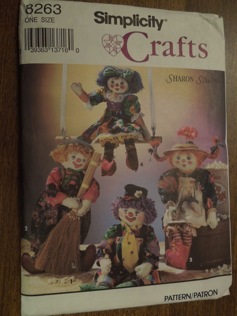 Simplicity 8263, crafts, clown dolls, 24" tall, Uncut Sewing Pattern