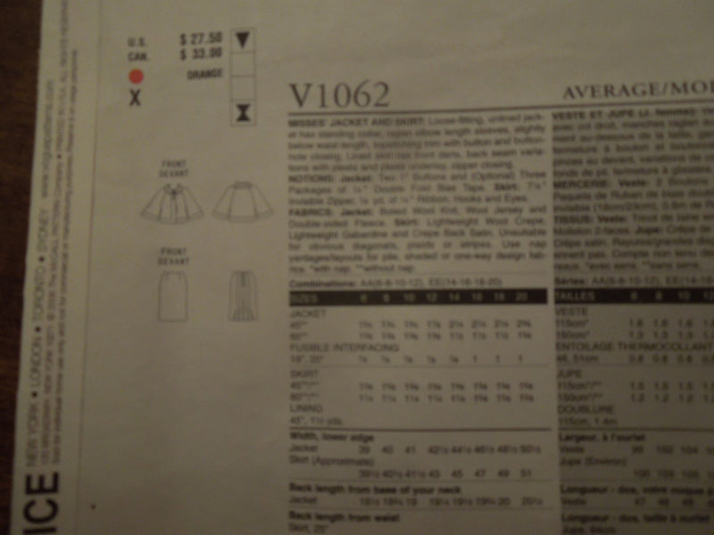 Vogue V1062, misses, jacket and skirt, Uncut Sewing Pattern