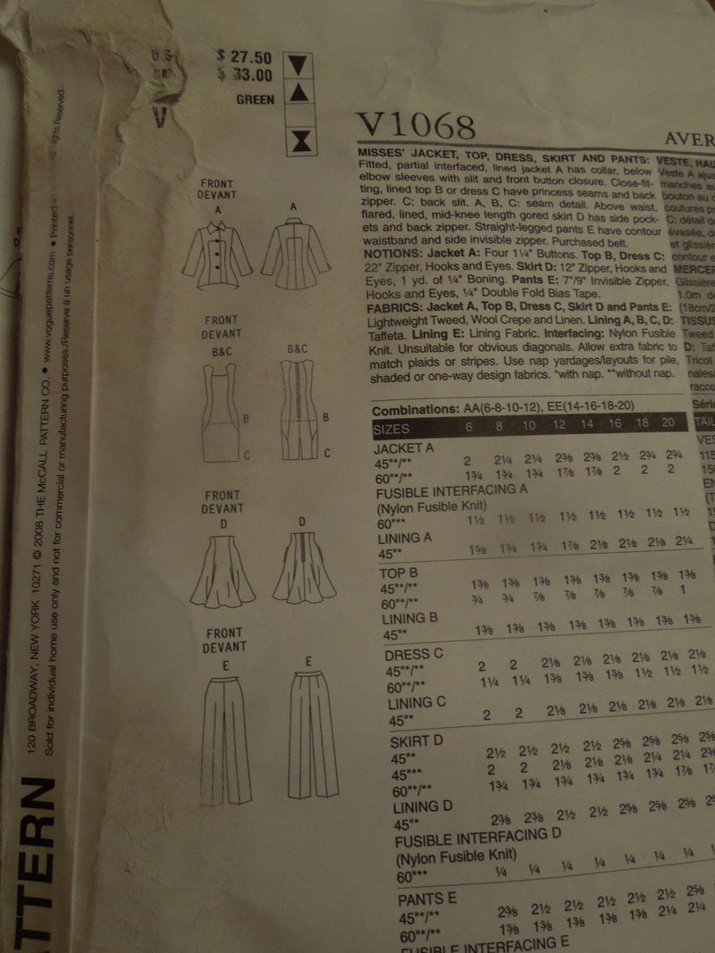 Vogue V1068, misses, separates, lined jacket, Uncut Sewing Pattern