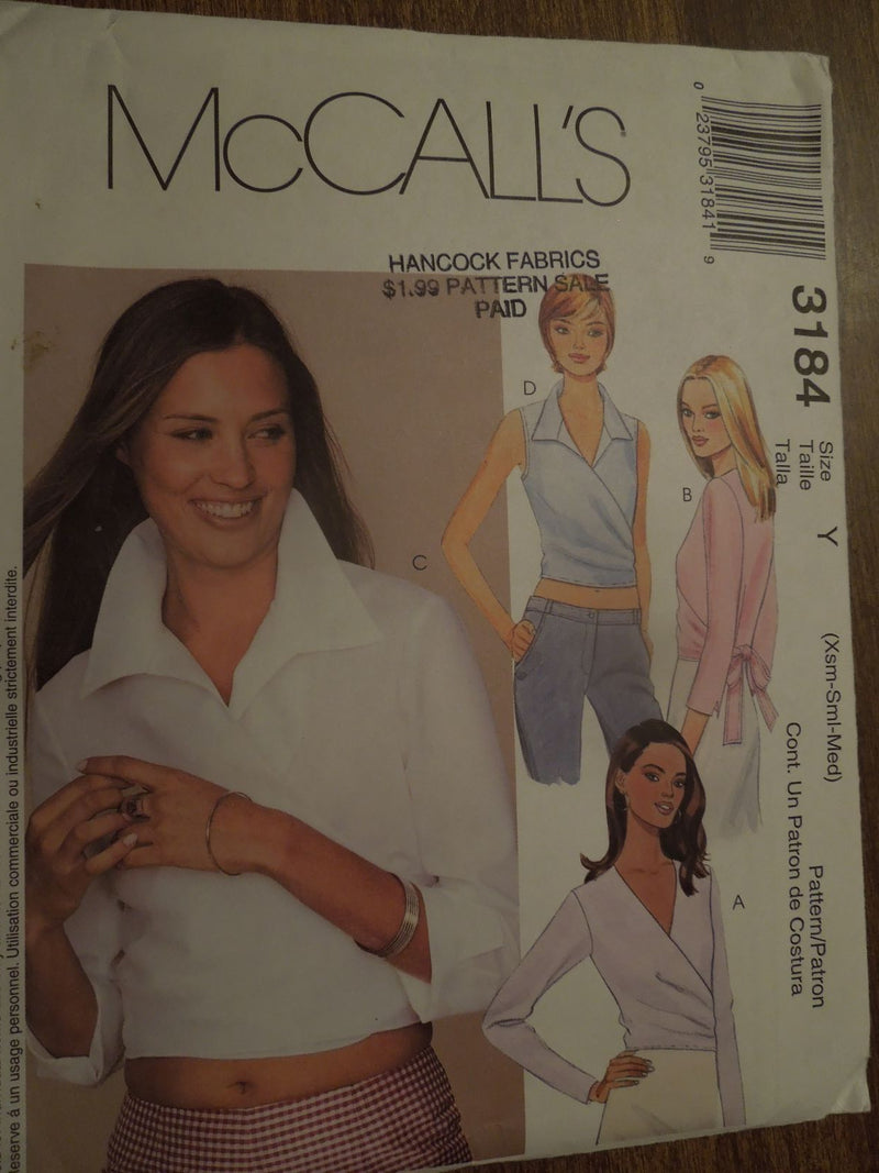 McCalls 3184, misses, tops, wrap shirts, Uncut Sewing Patterns