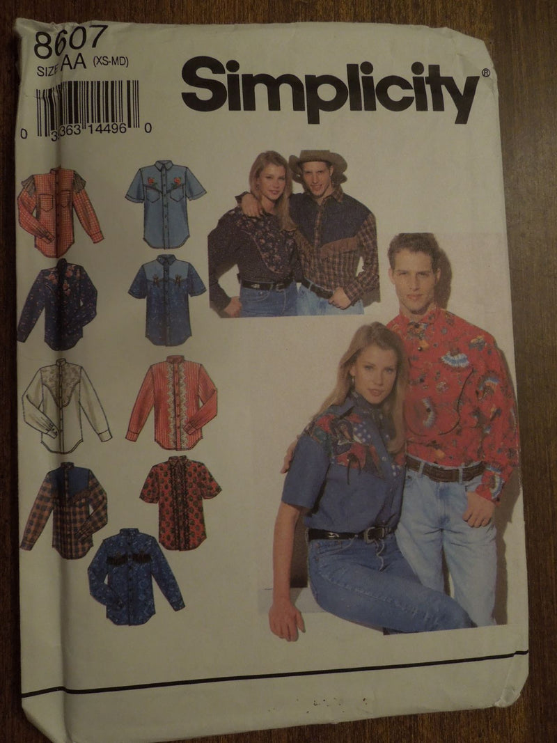 Simplicity 8607, misses, mens, shirt, western style, Uncut Sewing Pattern