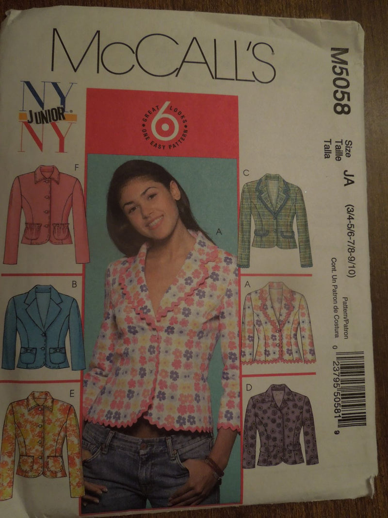 McCalls M5058, girls, juniors, misses, jackets, lined, Uncut Sewing Pattern