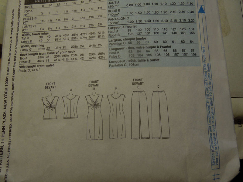 Butterick B4789, Misses, Dresses, Tops, Pants, Uncut Sewing Pattern