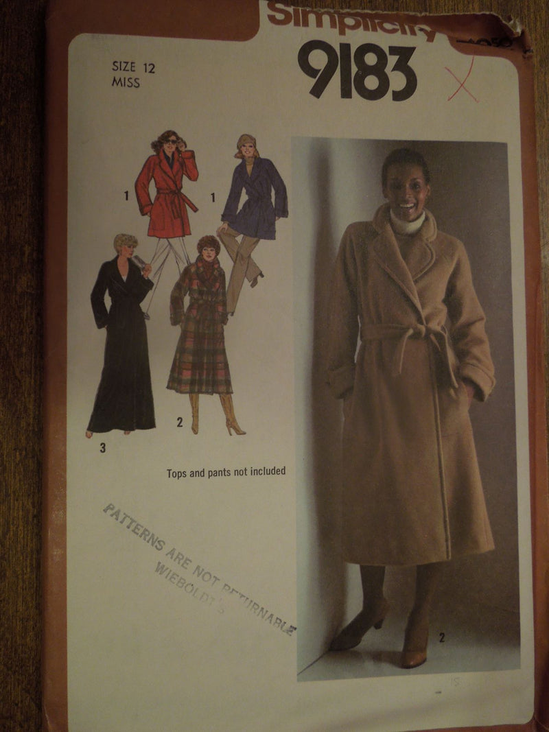 Simplicity 9183, Misses Coats, lined, wrap style, Uncut Sewing Pattern