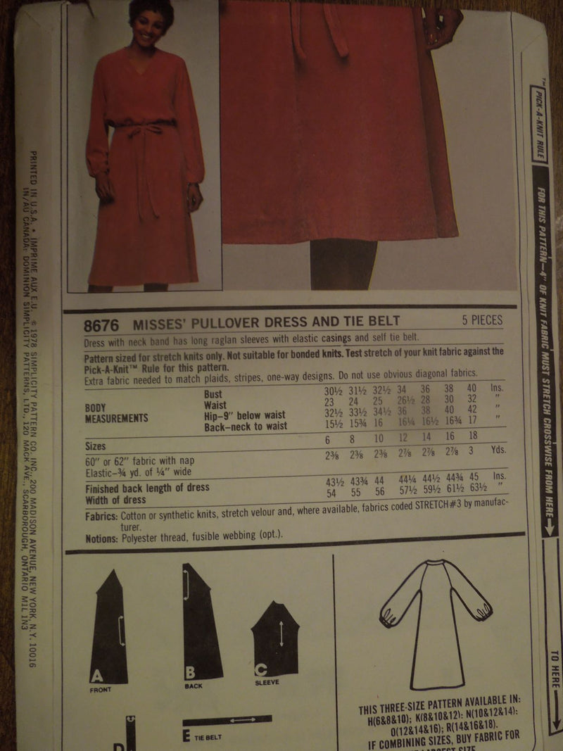 Simplicity 8676,Misses, Dresses, Pullover, Knits. Uncut Sewing Pattern