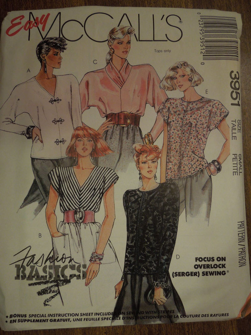 McCalls 3951, misses, pullover tops, Uncut Sewing Pattern