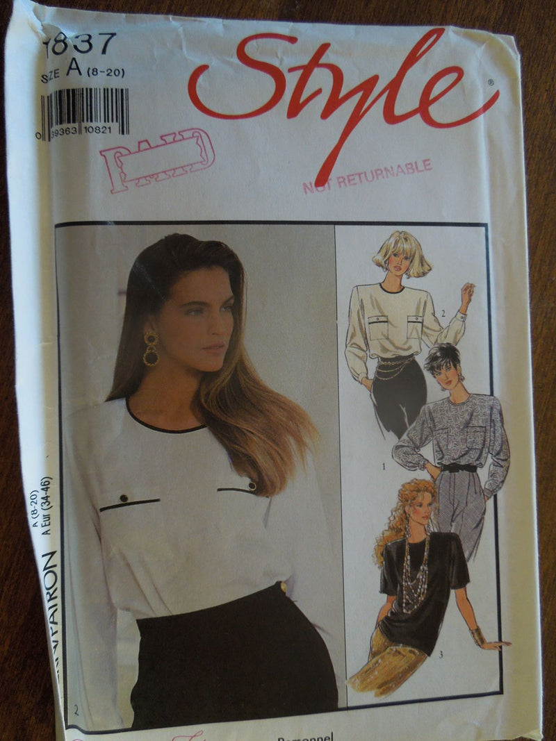 Style 1837, Misses, Blouses, Sizes 8 to 20, Uncut Sewing Pattern