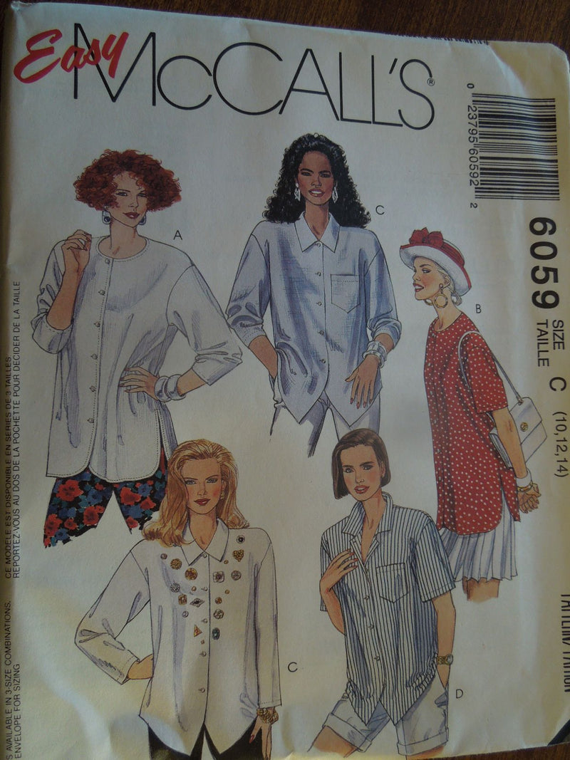 McCalls 6059, Misses, Shirts, Sz Varies, Uncut Sewing Pattern