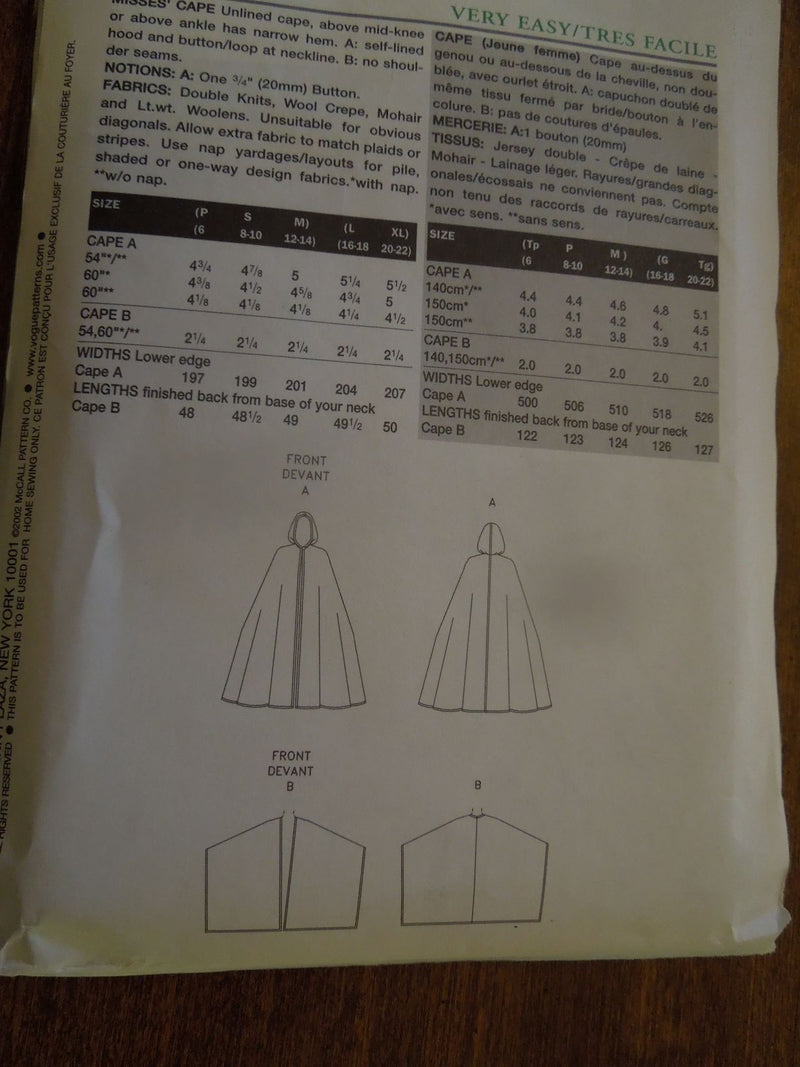 Vogue 7641,  Misses Capes with lined Hood, Uncut Sewing Pattern