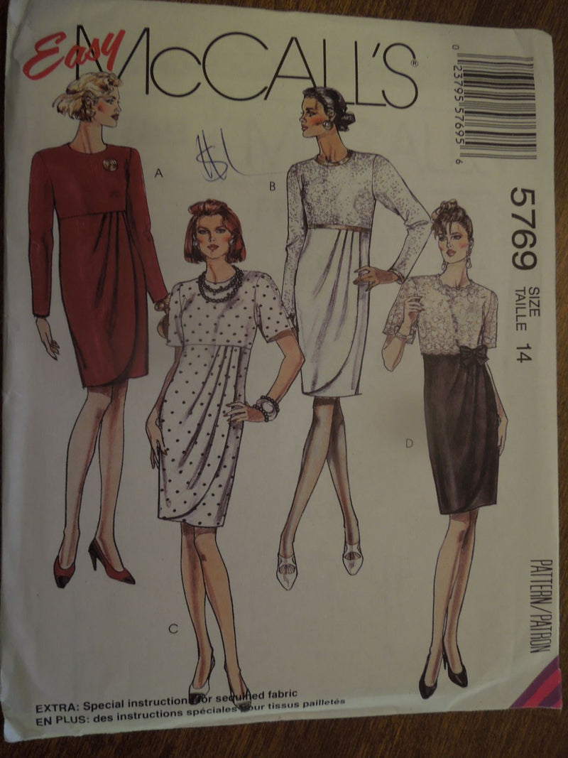 McCalls 5769, Misses, Dresses, Size 14, Evening Wear, Uncut Sewing Pattern