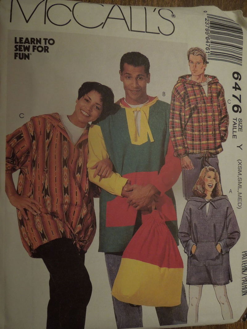 McCalls 6476, Mens, Womens, Tops,  with hoods, Backpacks, Uncut Sewing Pattern