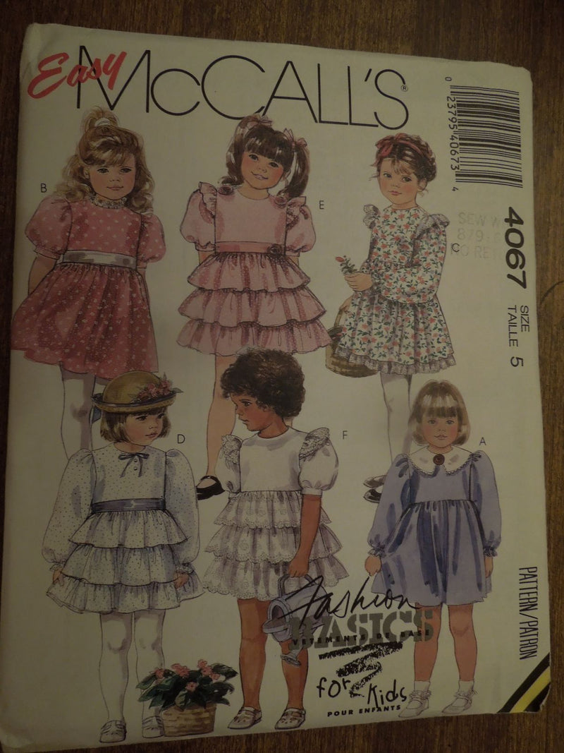 McCalls 4067, Childrens, Dresses, Size 5, Uncut Sewing Pattern