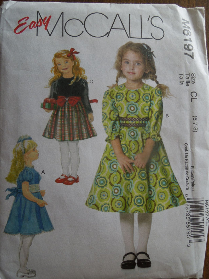 McCalls M6197, Girls, Dresses, Sizes 6 to 8, Uncut Sewing Pattern