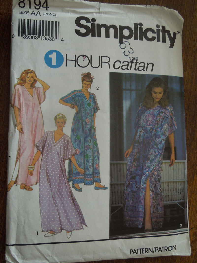 Simplicity 8194, Misses, Caftan, Pullover Style, Petite, Uncut Sewing Pattern, Sz Varies