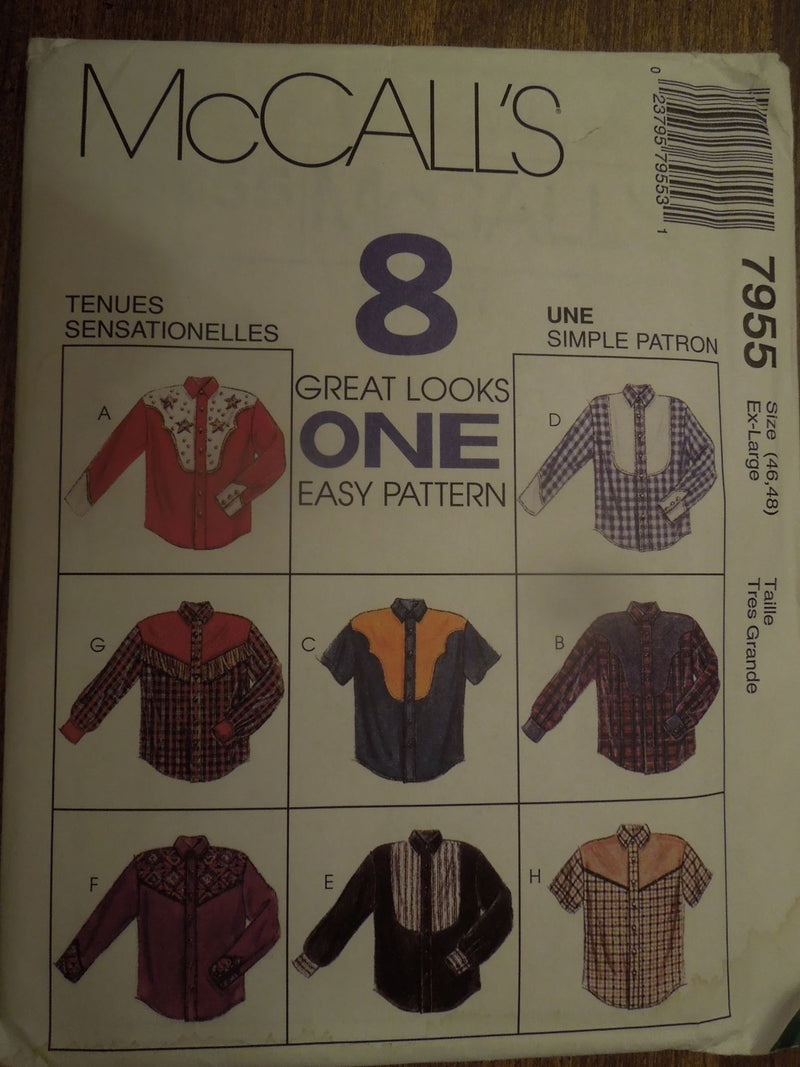 McCalls 7955, Mens, Shirts, Size Varies, Uncut Sewing Pattern