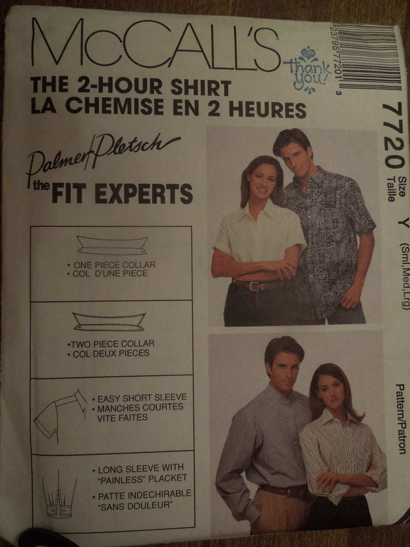 McCalls 7720, Mens, Misses, Shirts, Sizes S to L, Uncut Sewing Pattern