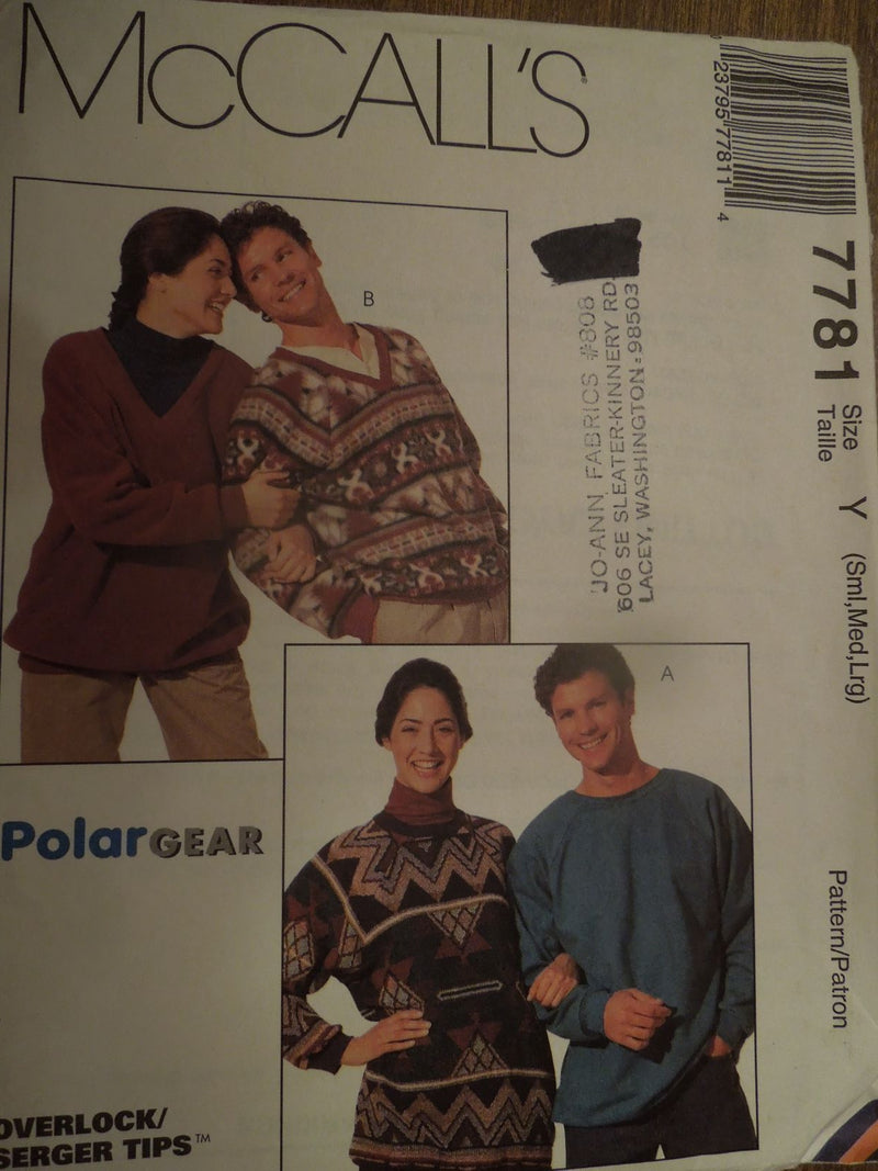 McCalls 7781, Mens, Misses, Tops, Shirts, Sizes S to L, Uncut Sewing Pattern