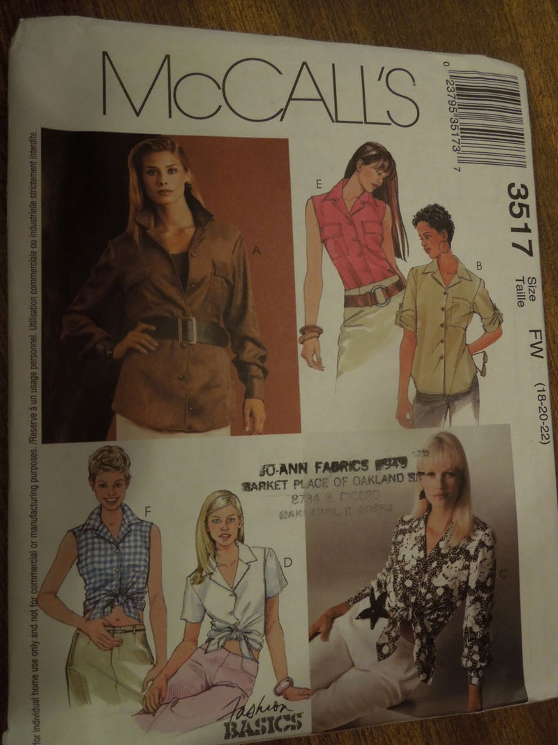 McCalls 3517, Misses, Blouses, Shirts, Uncut Sewing Pattern, Sz Varies