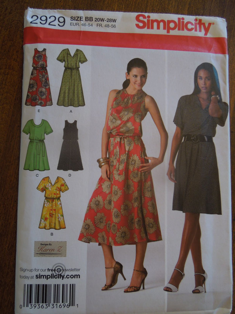 Simplicity 2929, Womens, Dresses, Pullover style with belt, Sz Varies, Uncut Sewing Pattern