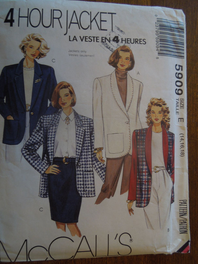 McCalls 5909, Misses, Jackets, Lined or Unlined, Uncut Sewing Pattern, Sz Varies