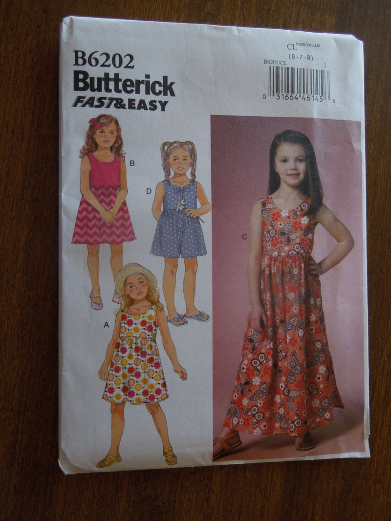 Butterick 6202, Girls, Dresses, Culottes, Uncut Sewing Pattern