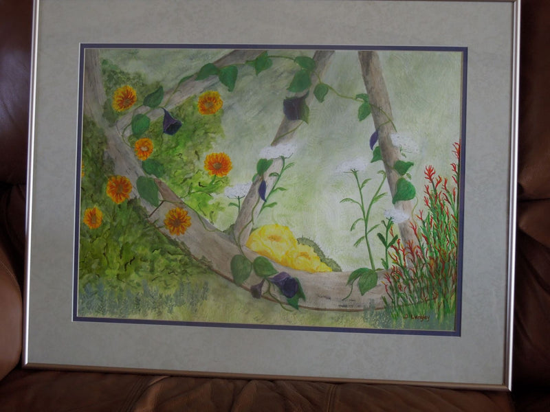Watercolor Painting, Artwork, Wagon Wheel and Flowers