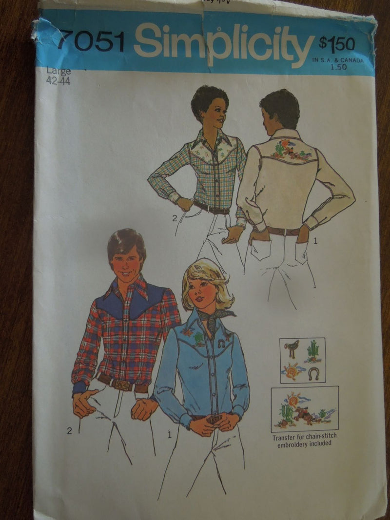 Simplicity 7051, Misses, Mens, Western Shirts, Uncut Sewing Pattern